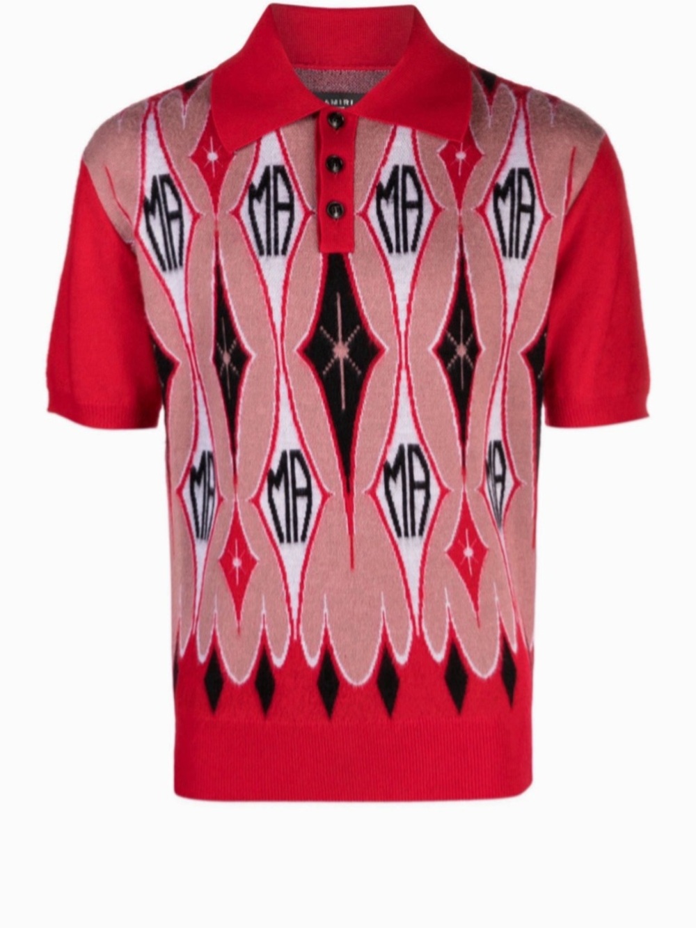 MA Red Geometric V-Neck Short-Sleeve Knit Polo Sweater